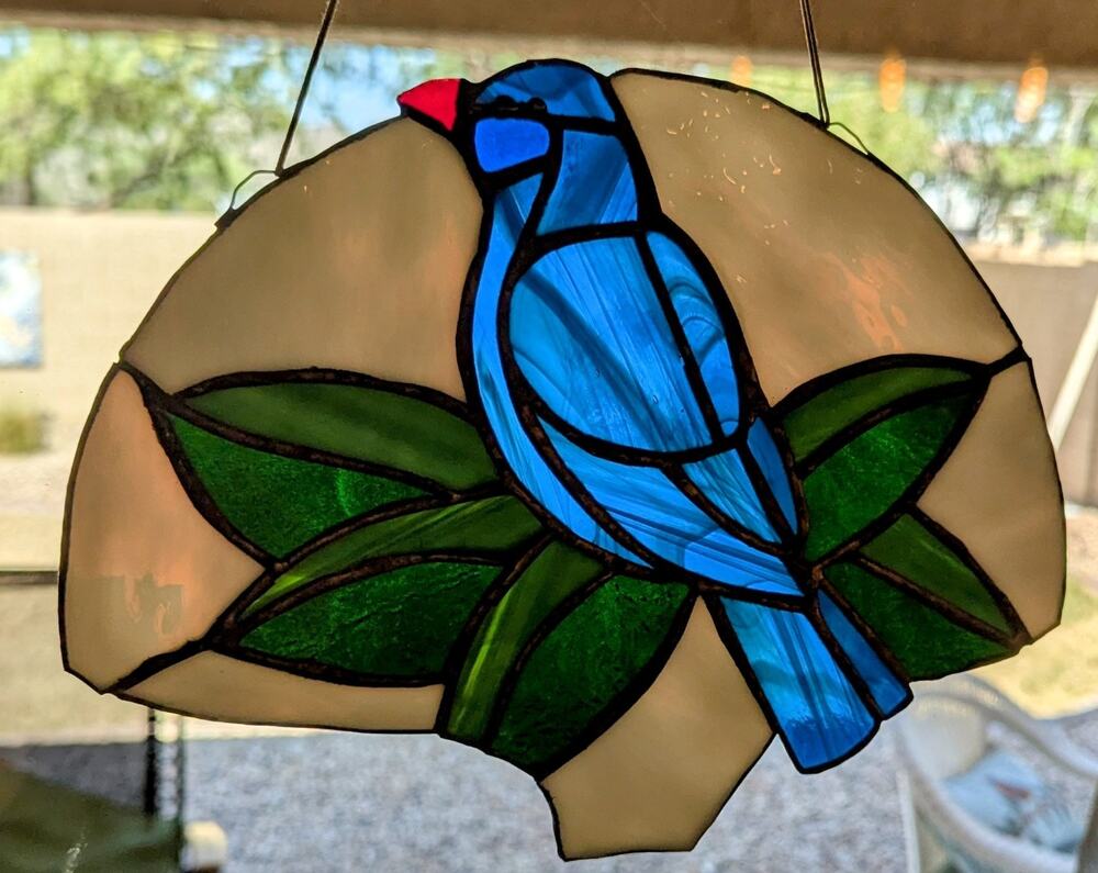 Leaded lead stain Stained Glass Window blue Bird Suncatcher Window 10.5”x8"